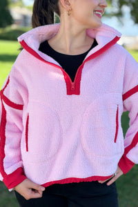 Half Zip Sherpa Fleece Sweatshirt - Pink