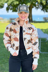Print Patchwork Puff Jacket - Brown