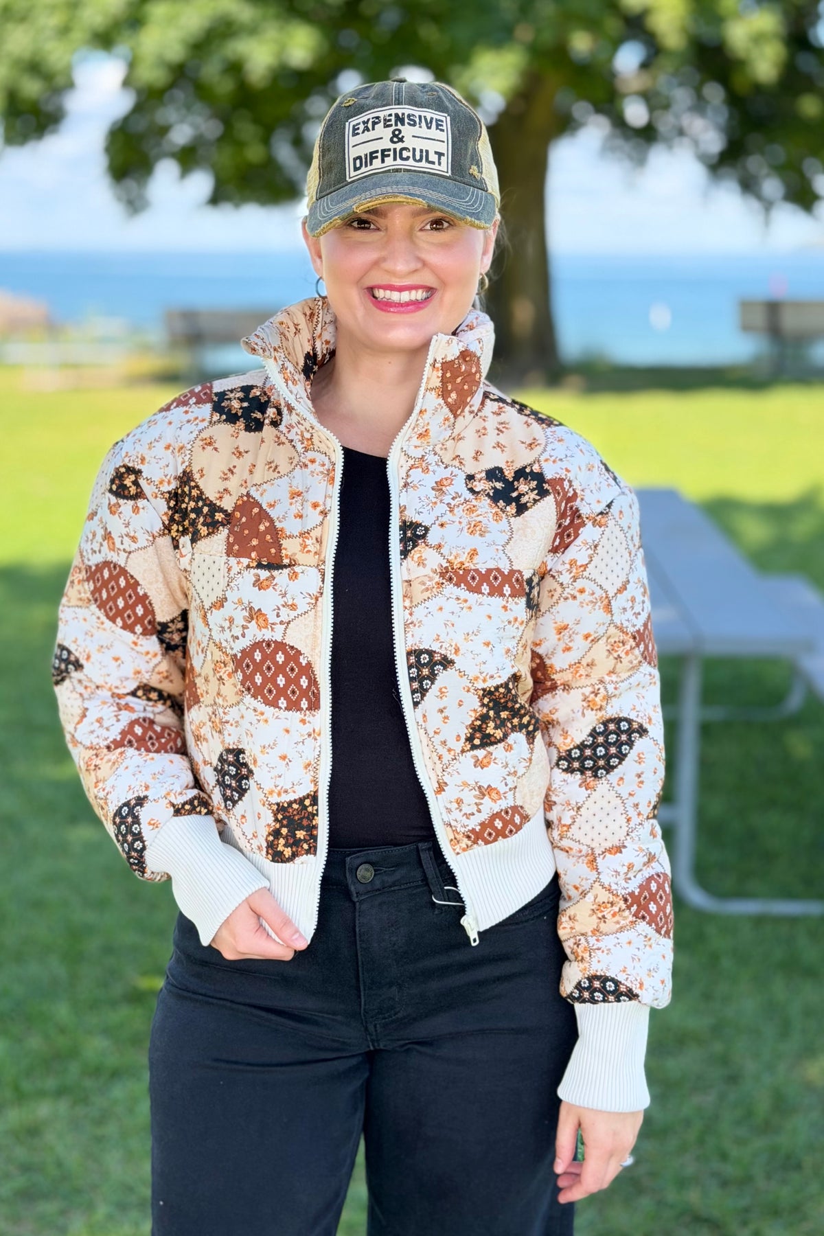 Print Patchwork Puff Jacket - Brown