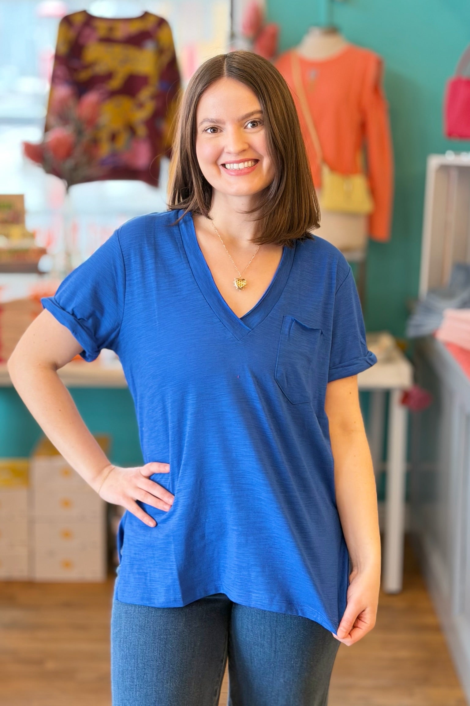 Zoie Rolled Sleeve Tee - Cobalt