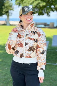 Print Patchwork Puff Jacket - Brown