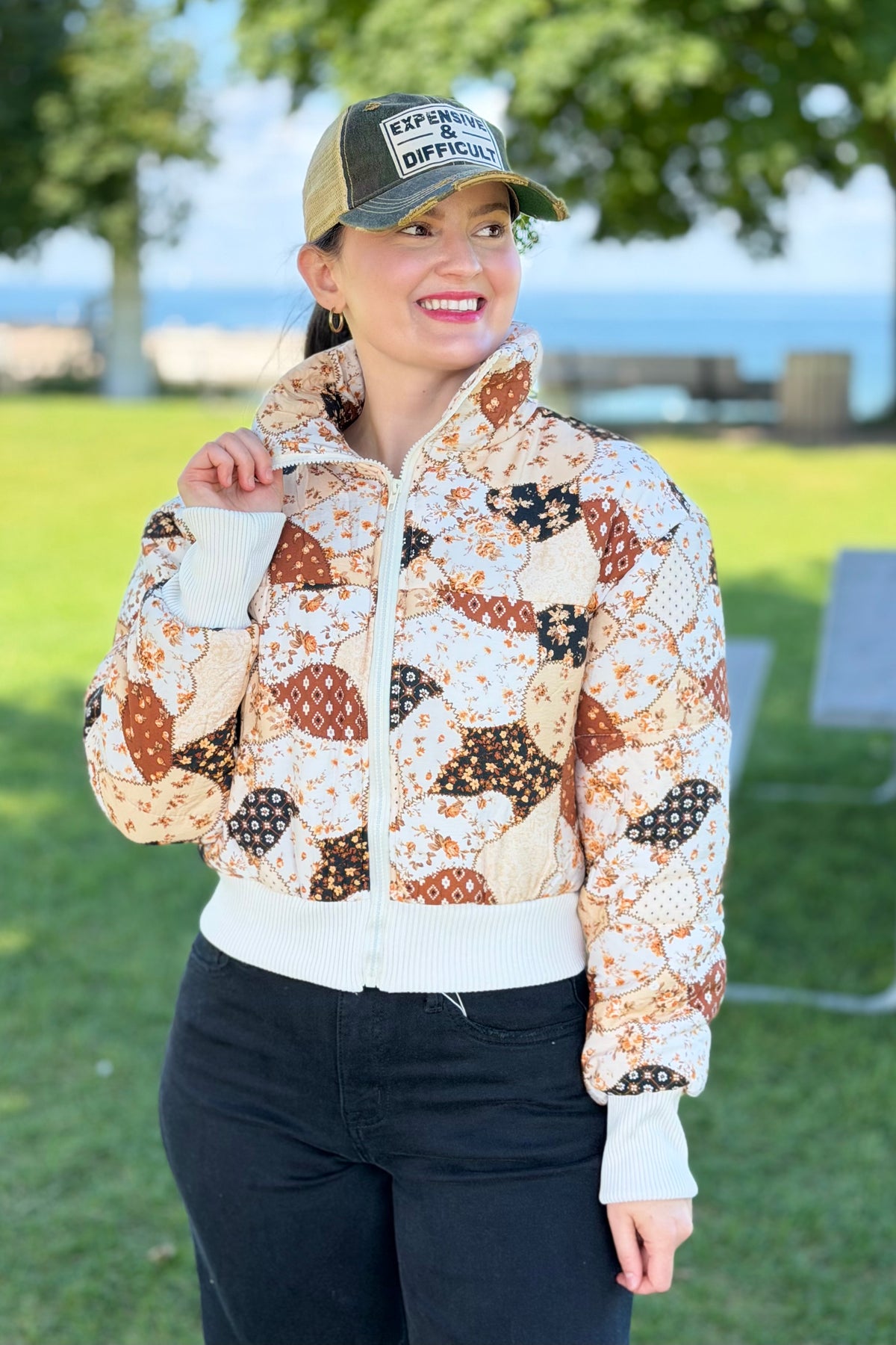 Print Patchwork Puff Jacket - Brown