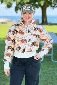 Print Patchwork Puff Jacket - Brown