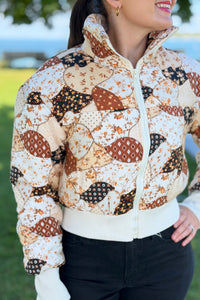 Print Patchwork Puff Jacket - Brown