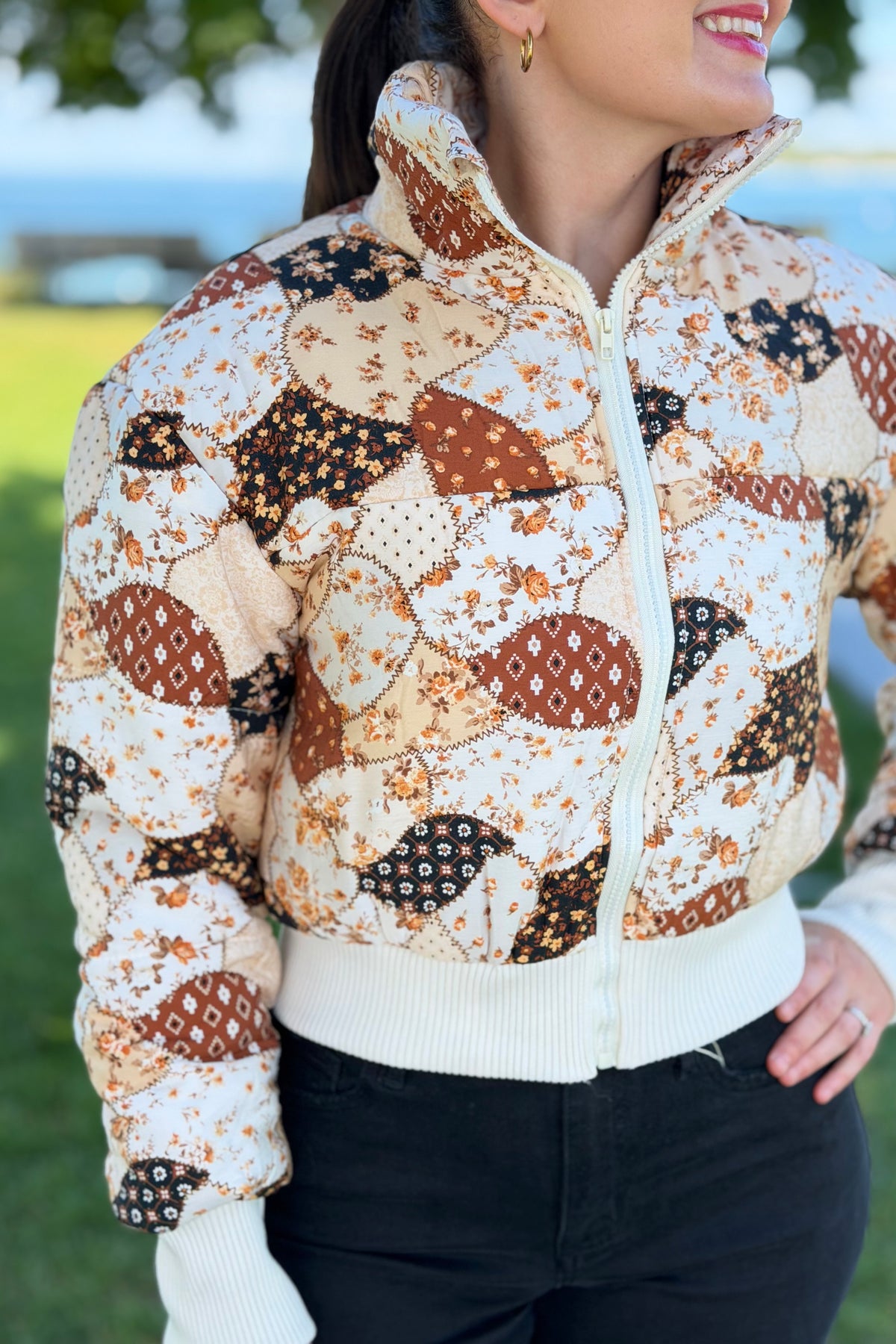 Print Patchwork Puff Jacket - Brown