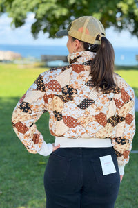 Print Patchwork Puff Jacket - Brown