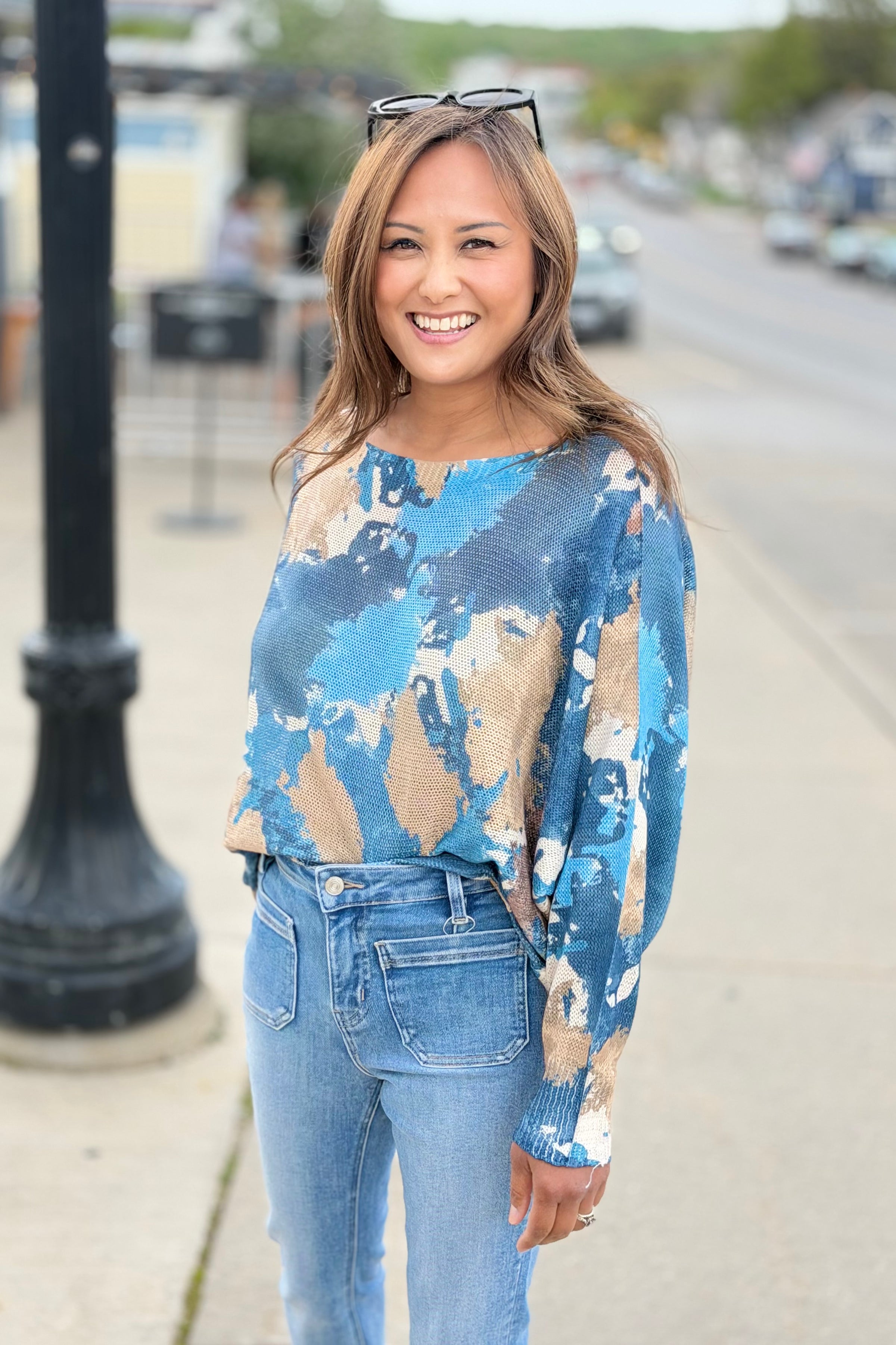 Blue Abstract Round Knit Printed Sweater