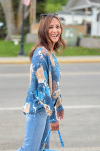 Blue Abstract Round Knit Printed Sweater
