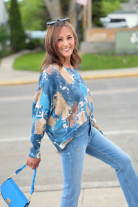 Blue Abstract Round Knit Printed Sweater