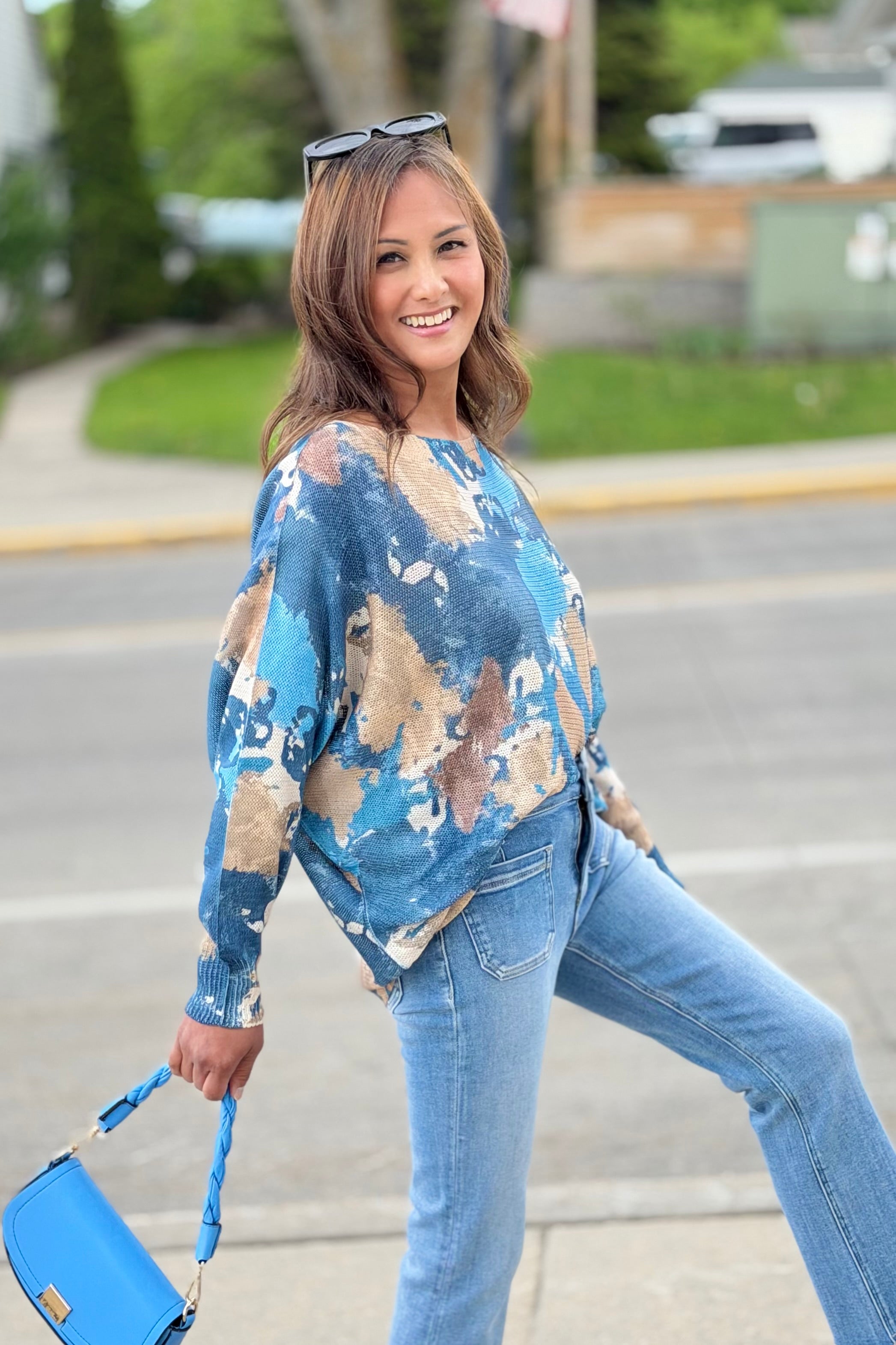 Blue Abstract Round Knit Printed Sweater