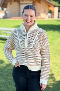 Quarter Zip Open Knit Sweater - Natural