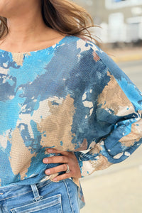 Blue Abstract Round Knit Printed Sweater