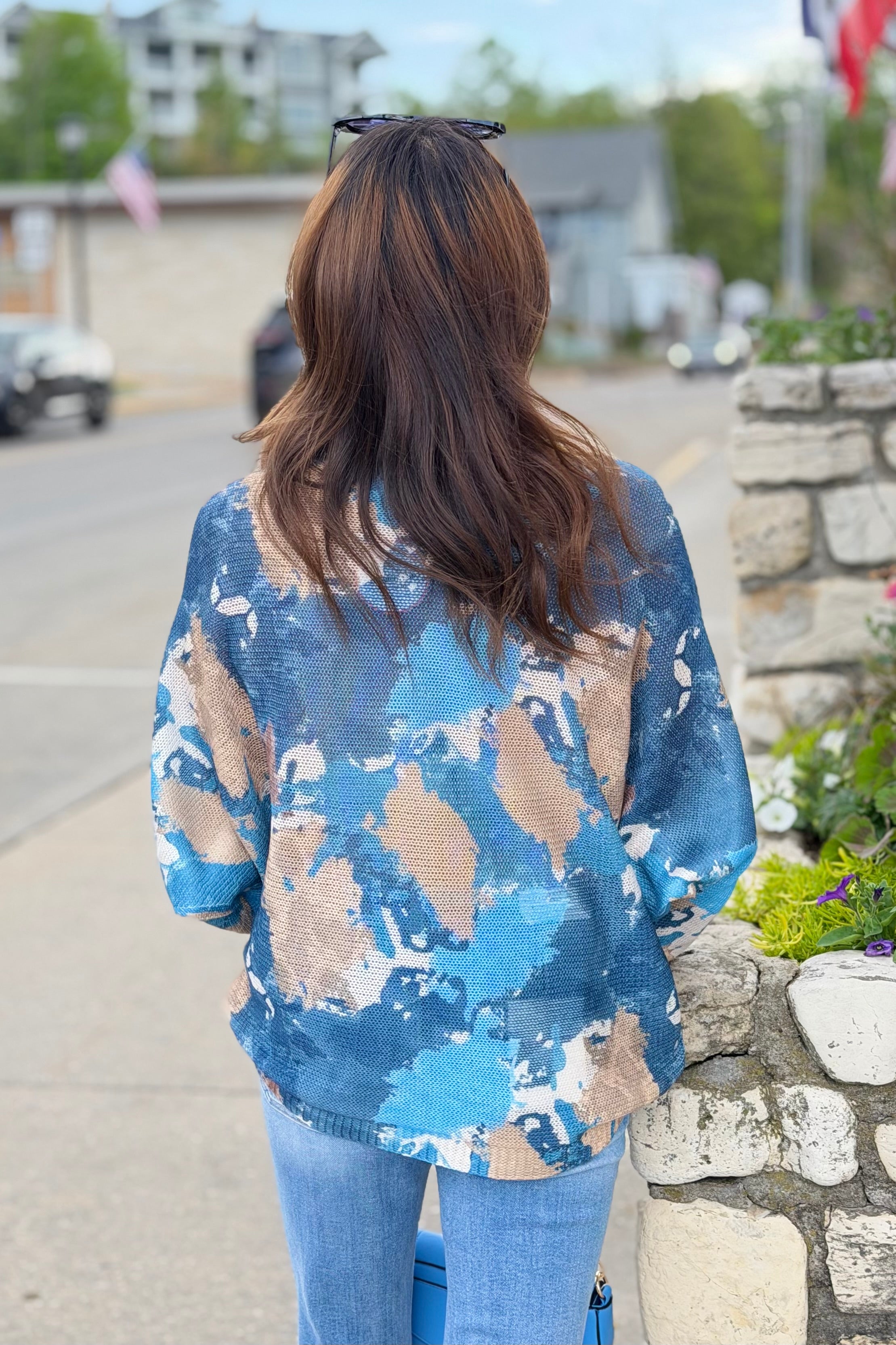 Blue Abstract Round Knit Printed Sweater