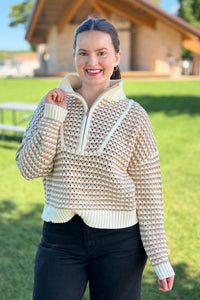 Quarter Zip Open Knit Sweater - Natural