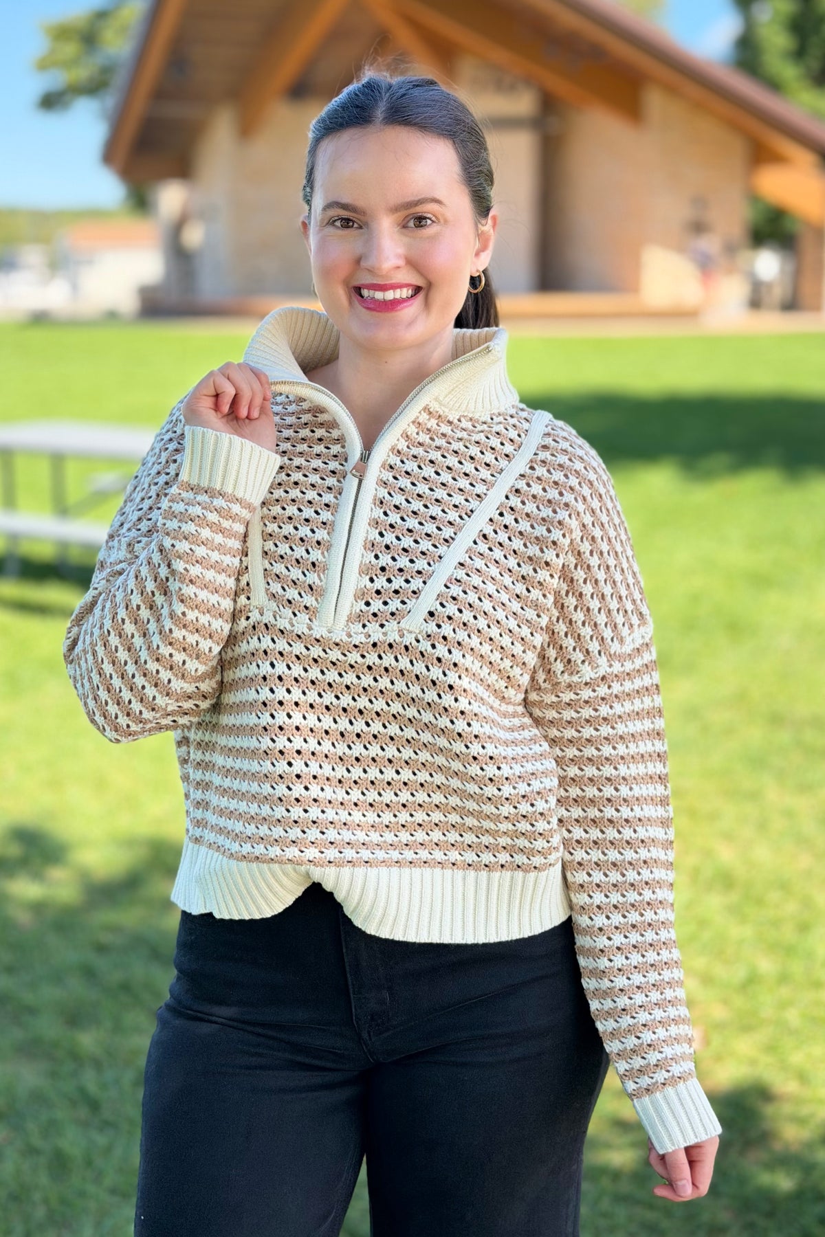 Quarter Zip Open Knit Sweater - Natural