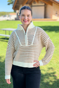 Quarter Zip Open Knit Sweater - Natural