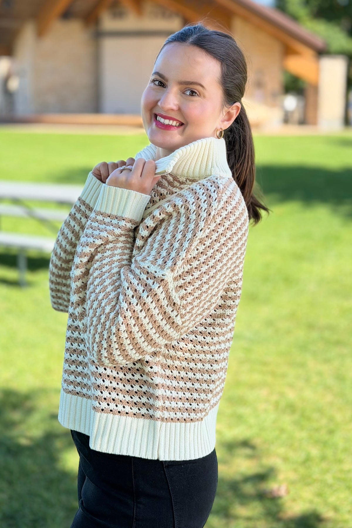 Quarter Zip Open Knit Sweater - Natural