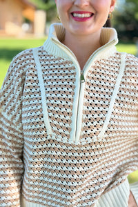Quarter Zip Open Knit Sweater - Natural