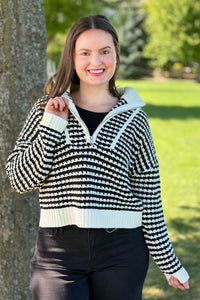 Quarter Zip Open Knit Sweater - Black