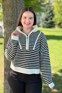 Quarter Zip Open Knit Sweater - Black