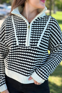 Quarter Zip Open Knit Sweater - Black