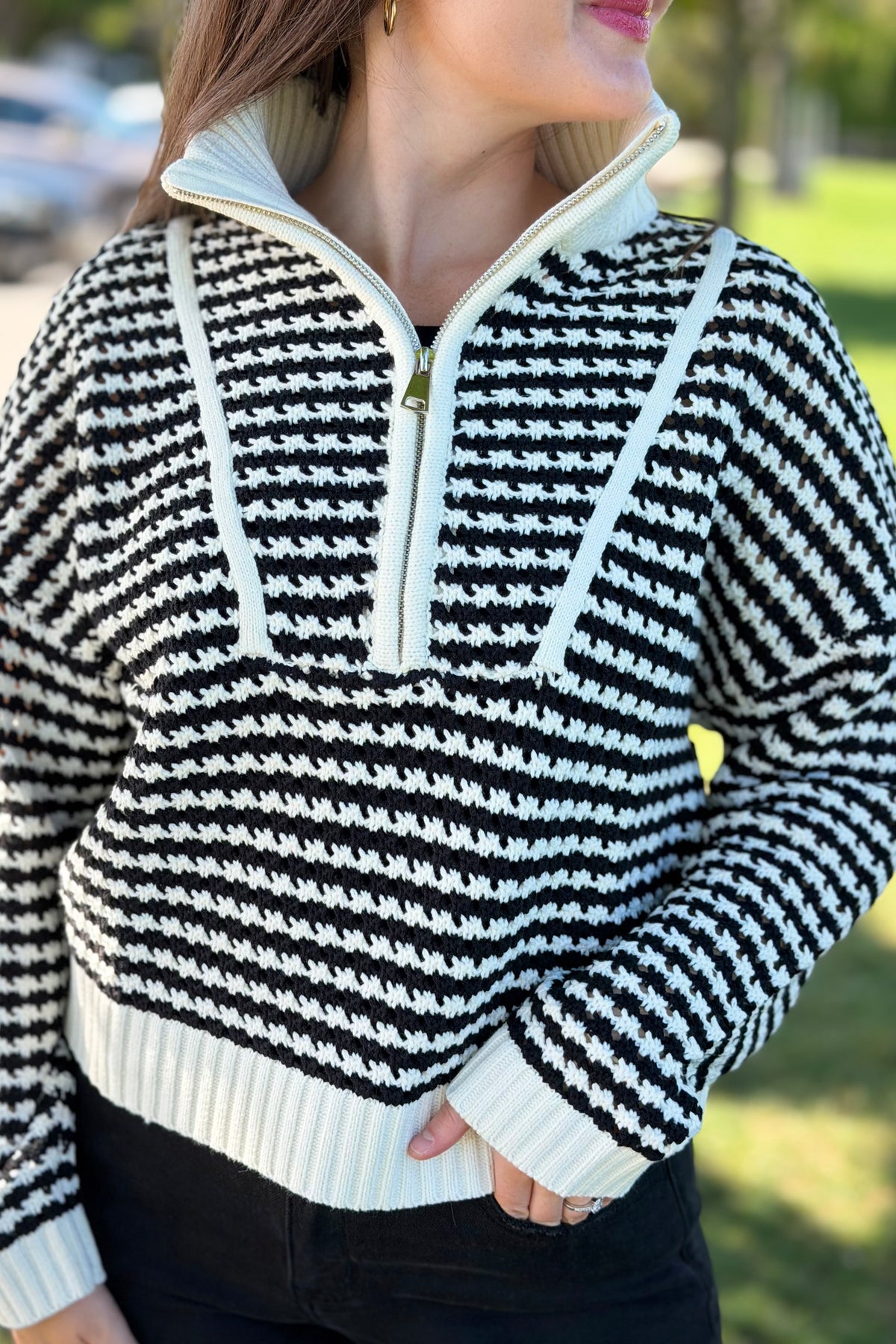 Quarter Zip Open Knit Sweater - Black