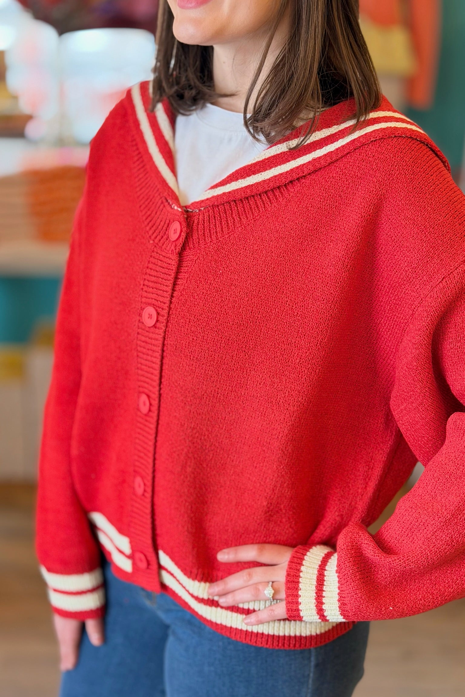 Sailor Collar Sweater Cardigan - Red