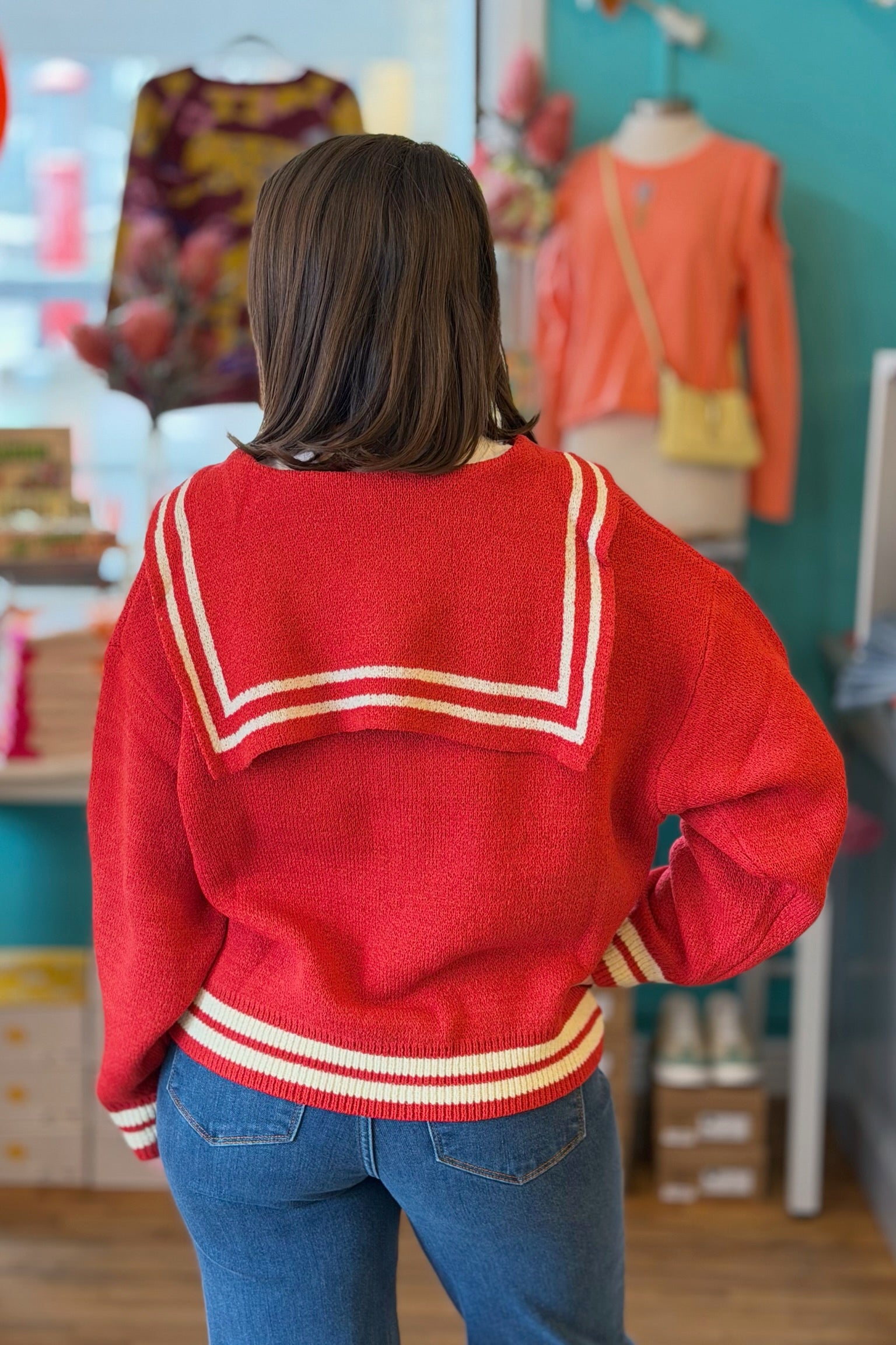 Sailor Collar Sweater Cardigan - Red