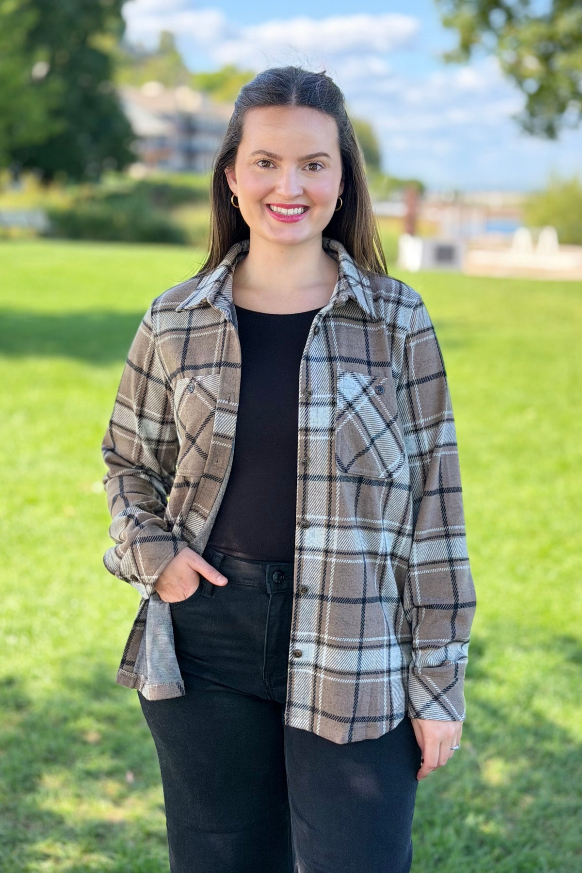Plaid Button Up - Tan, White & Black
