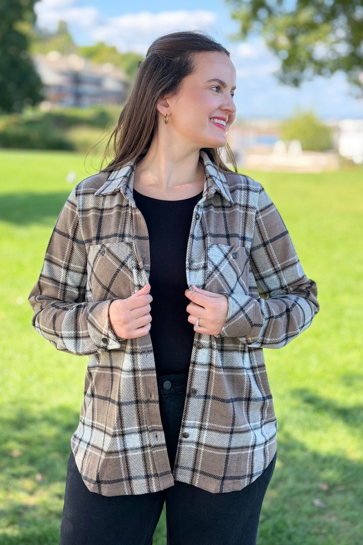Plaid Button Up - Tan, White & Black