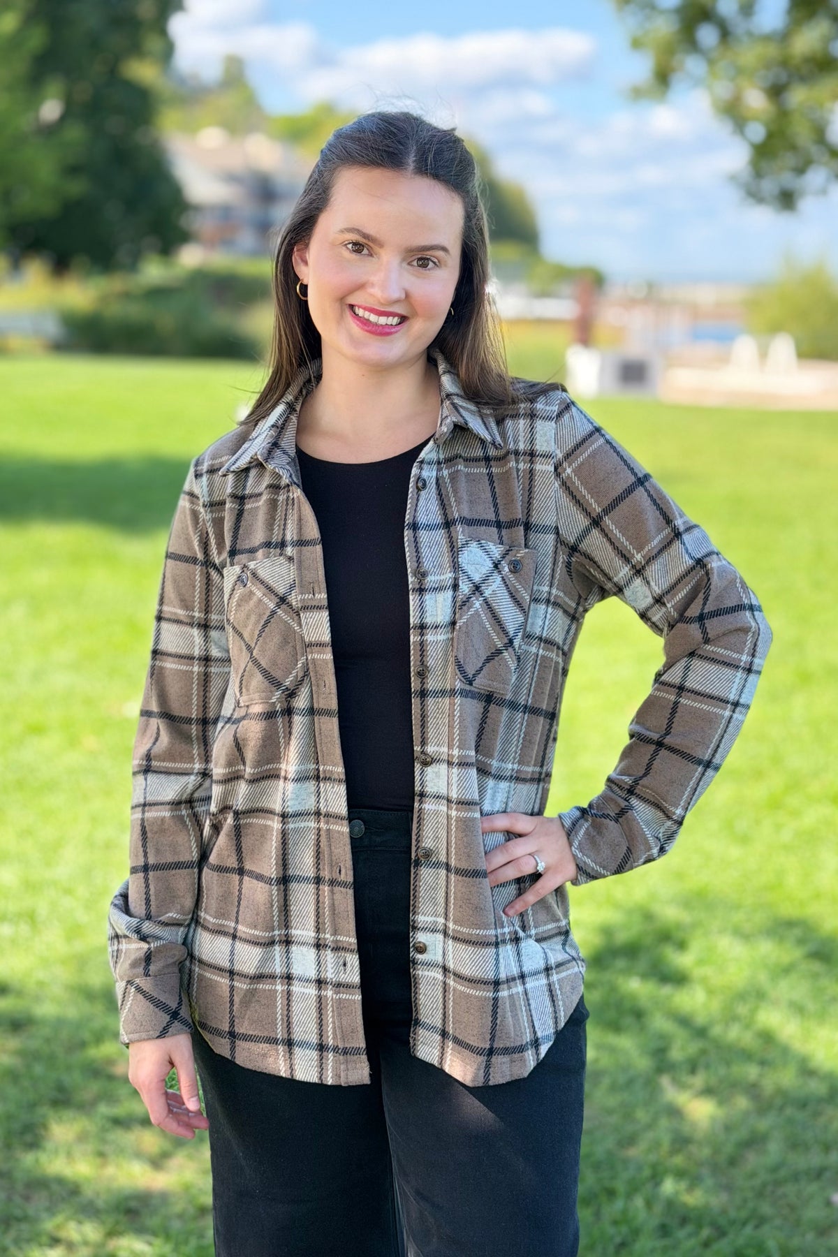 Plaid Button Up - Tan, White & Black