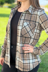 Plaid Button Up - Tan, White & Black
