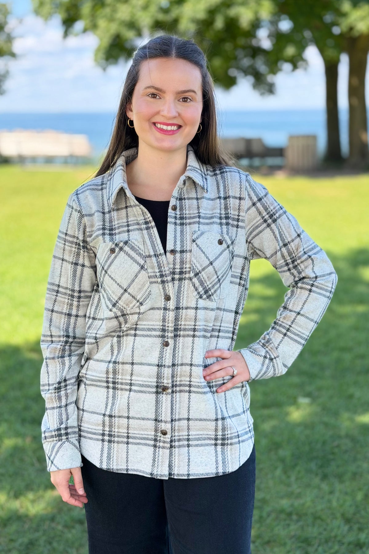 Plaid Button Up - Taupe, Black & Tan