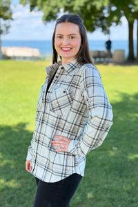 Plaid Button Up - Taupe, Black & Tan