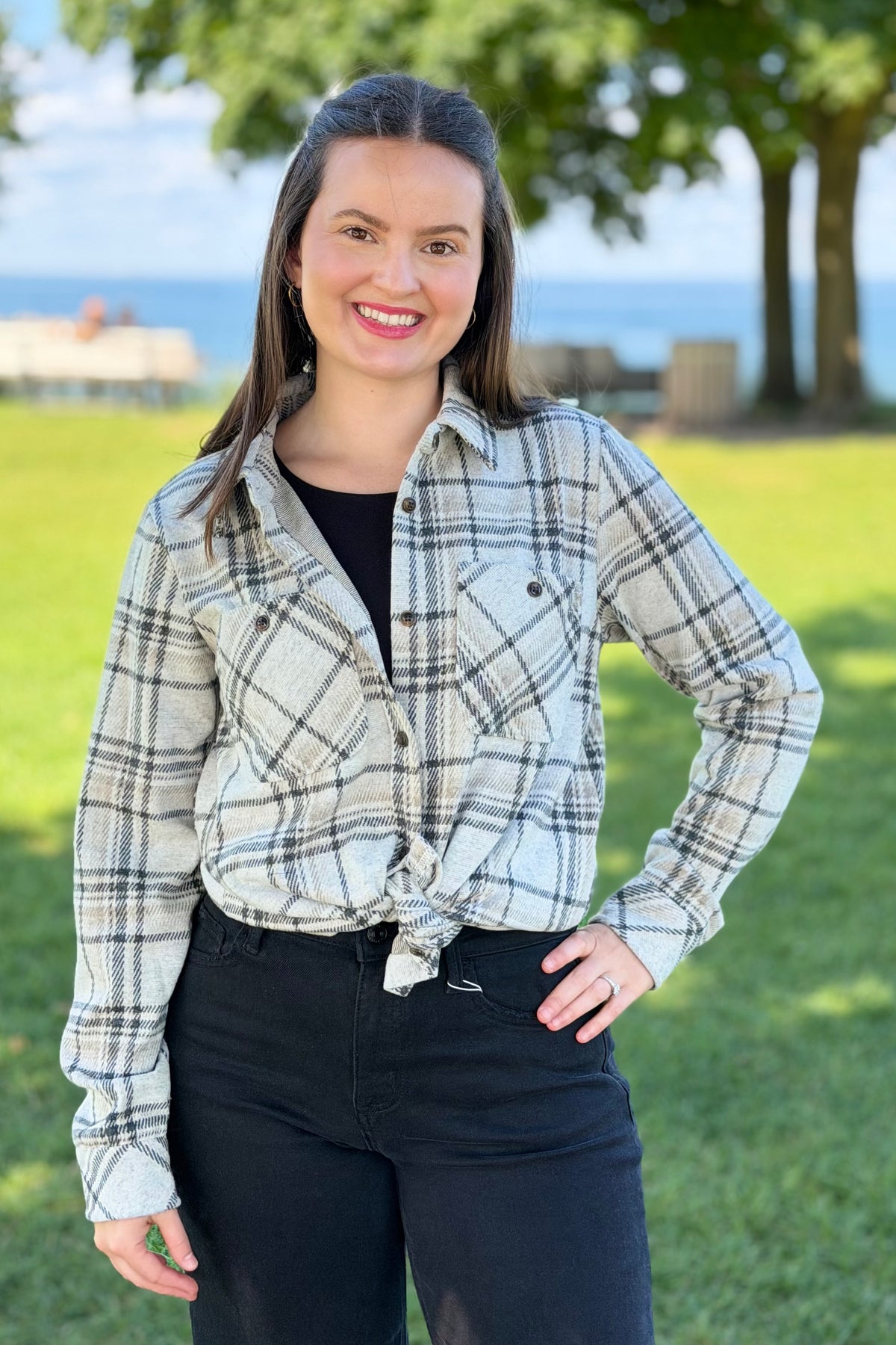 Plaid Button Up - Taupe, Black & Tan