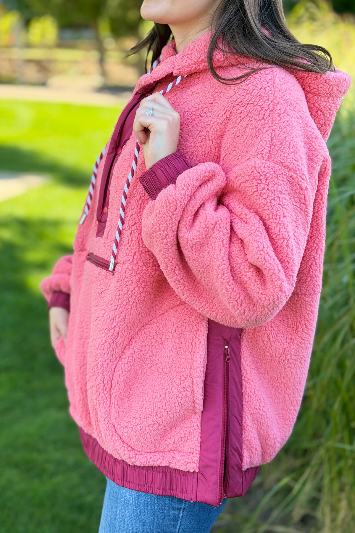 Toned Sherpa Pullover Hoodie - Coral