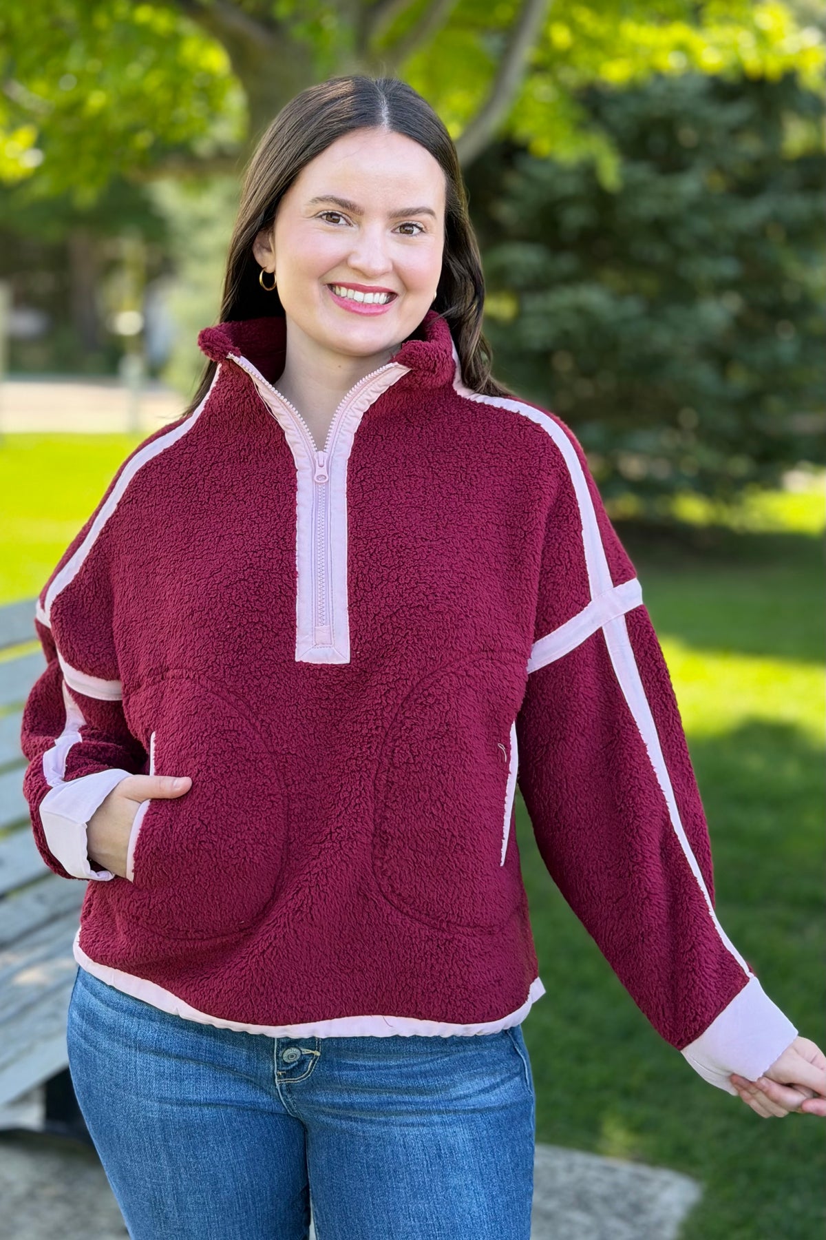 Half Zip Sherpa Fleece Sweatshirt - Burgundy