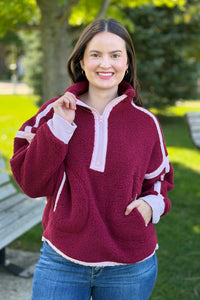 Half Zip Sherpa Fleece Sweatshirt - Burgundy