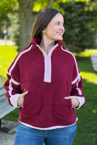 Half Zip Sherpa Fleece Sweatshirt - Burgundy
