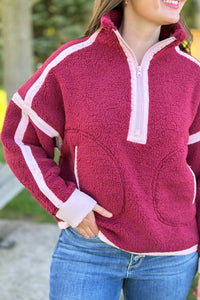 Half Zip Sherpa Fleece Sweatshirt - Burgundy