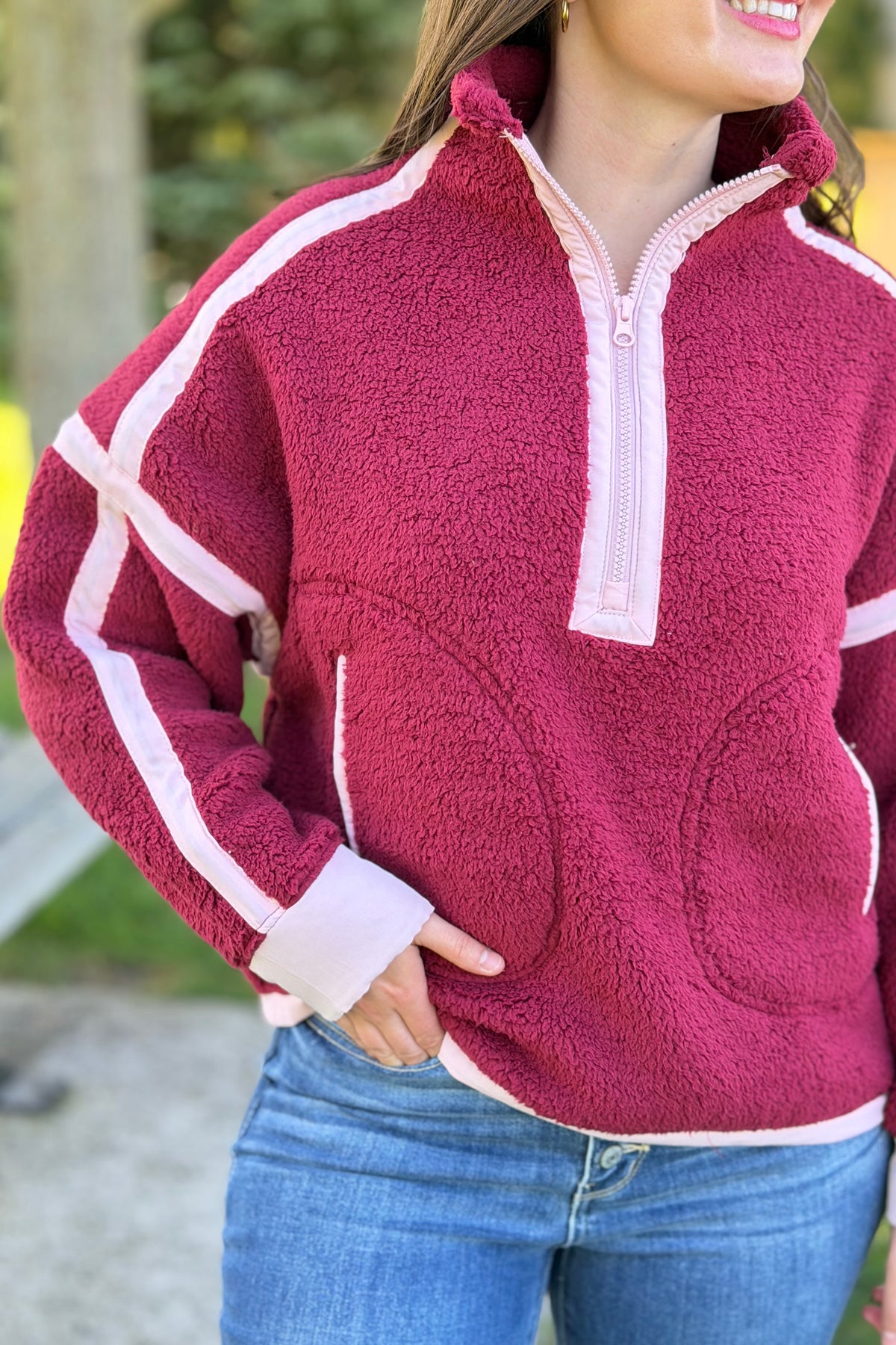 Half Zip Sherpa Fleece Sweatshirt - Burgundy