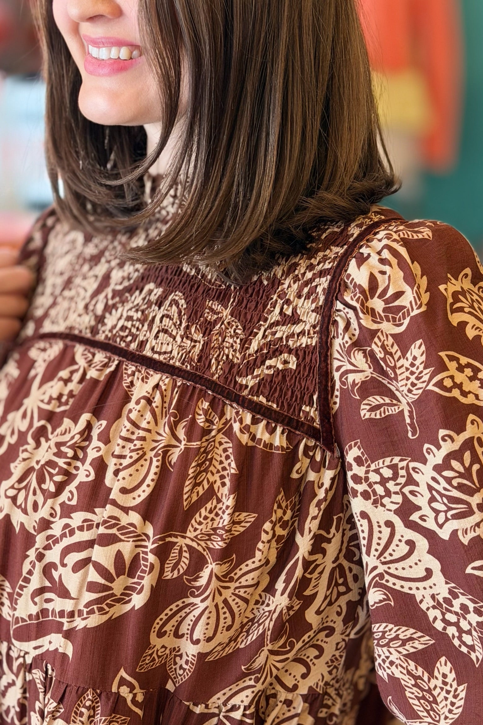 Floral Smocked Tiered Mini Dress - Brown