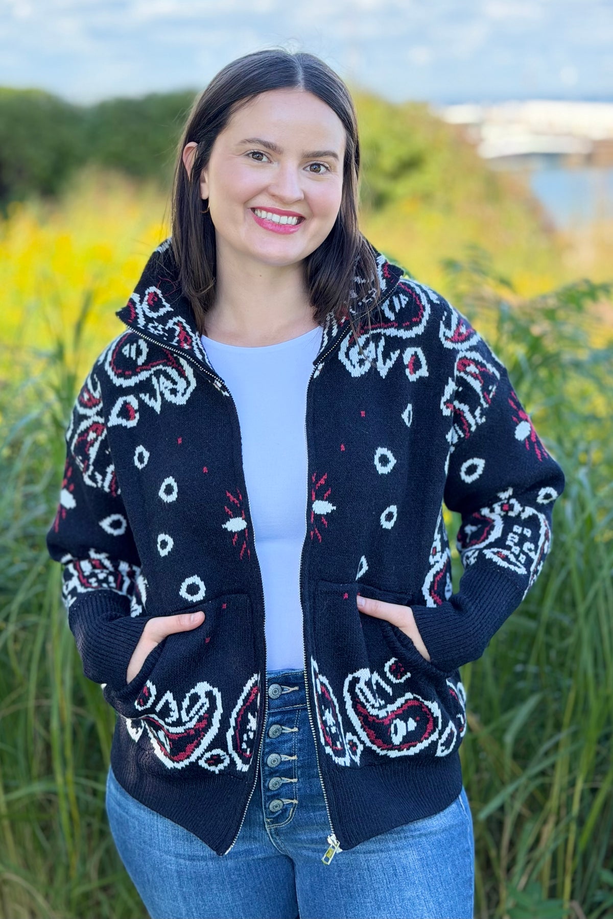 Paisley Sweater Zip Up Jacket - Black