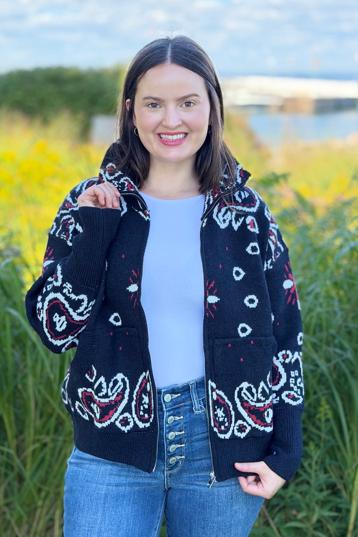 Paisley Sweater Zip Up Jacket - Black