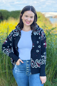 Paisley Sweater Zip Up Jacket - Black