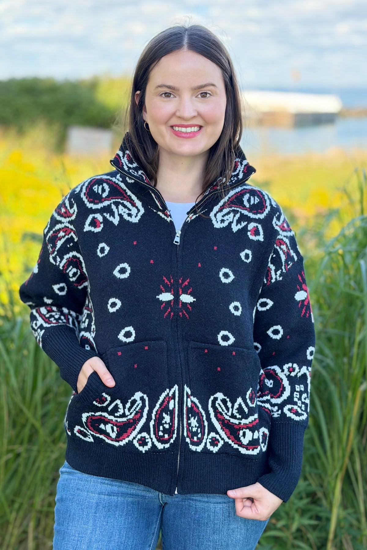Paisley Sweater Zip Up Jacket - Black