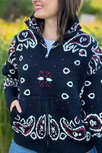 Paisley Sweater Zip Up Jacket - Black