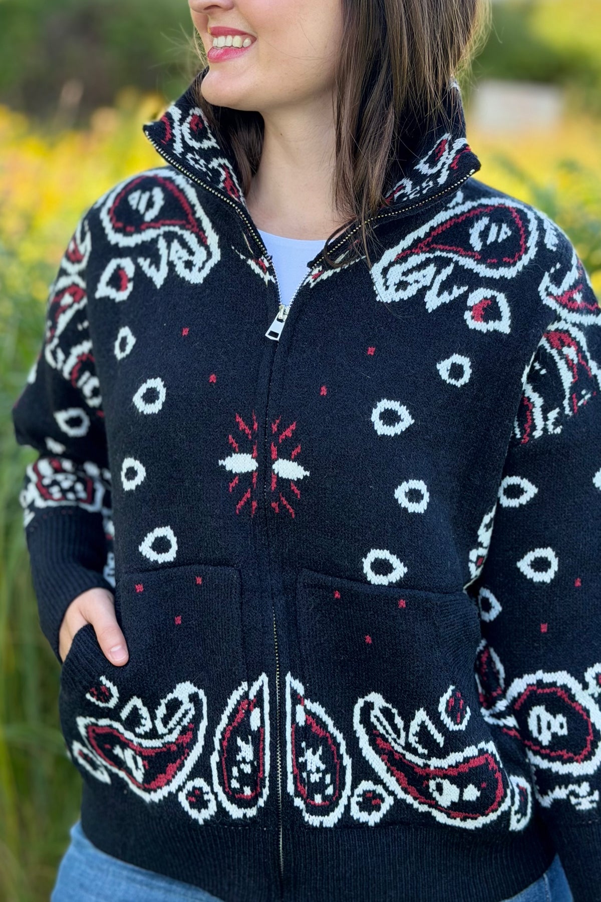 Paisley Sweater Zip Up Jacket - Black