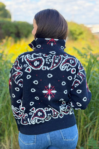 Paisley Sweater Zip Up Jacket - Black