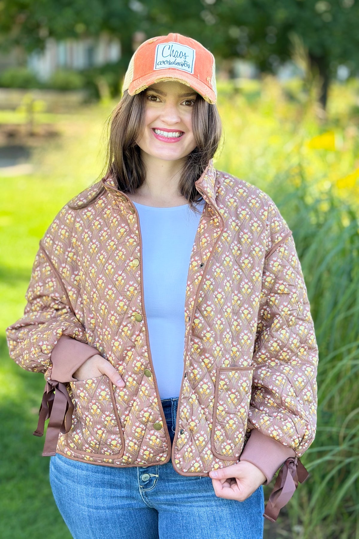 Floral Quilted Jacket Ribbon Sleeve